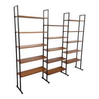 Vintage Italian triple modular bookshelf in teak and metal.