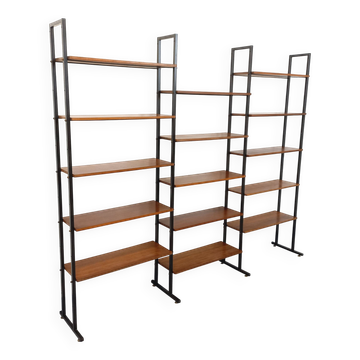 Vintage Italian triple modular bookshelf in teak and metal.