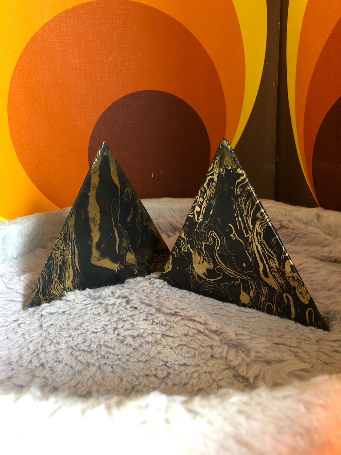 Marbled pyramids art deco bookends