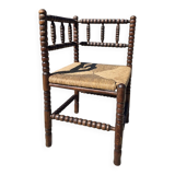 Vintage Dutch rustic corner chair bobbin turned oak with rush seating
