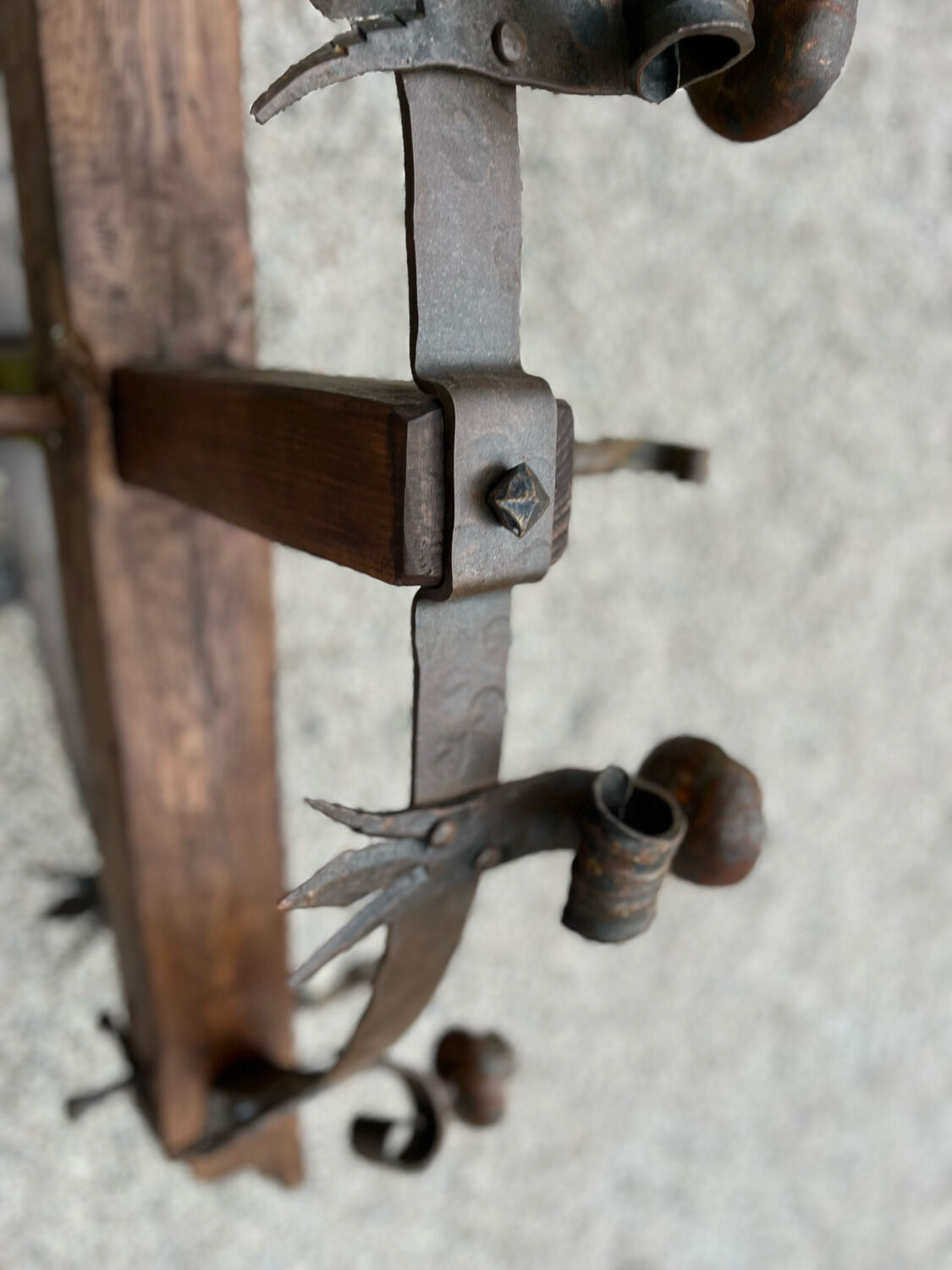 Castle chandelier in oak and cast iron 1950 60