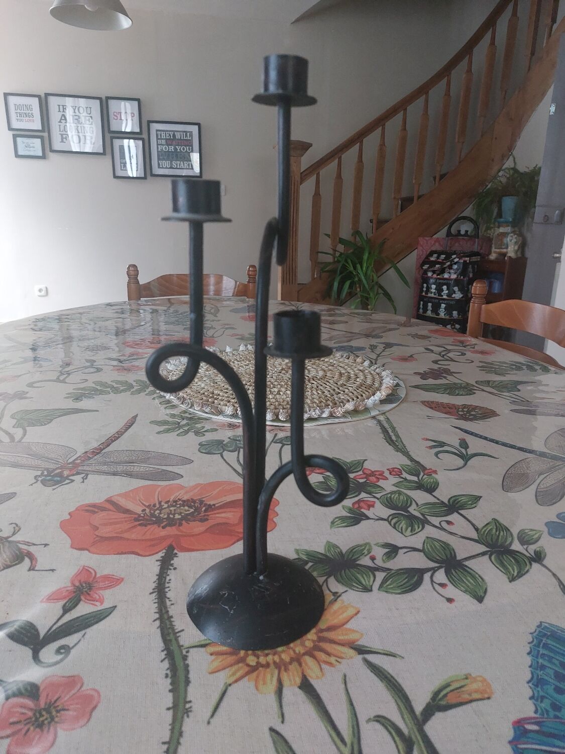 3-spoke wrought iron candle holder