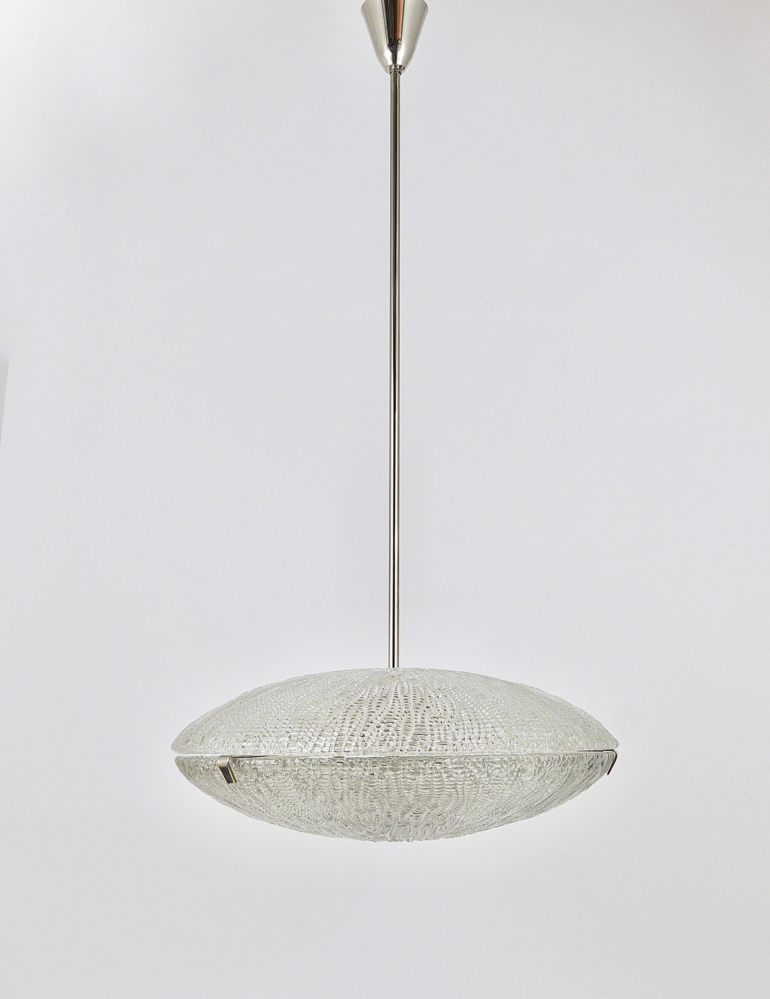 Mid-century Textured Glass and Nickel Kalmar Discus Chandelier, Austria, 1950s