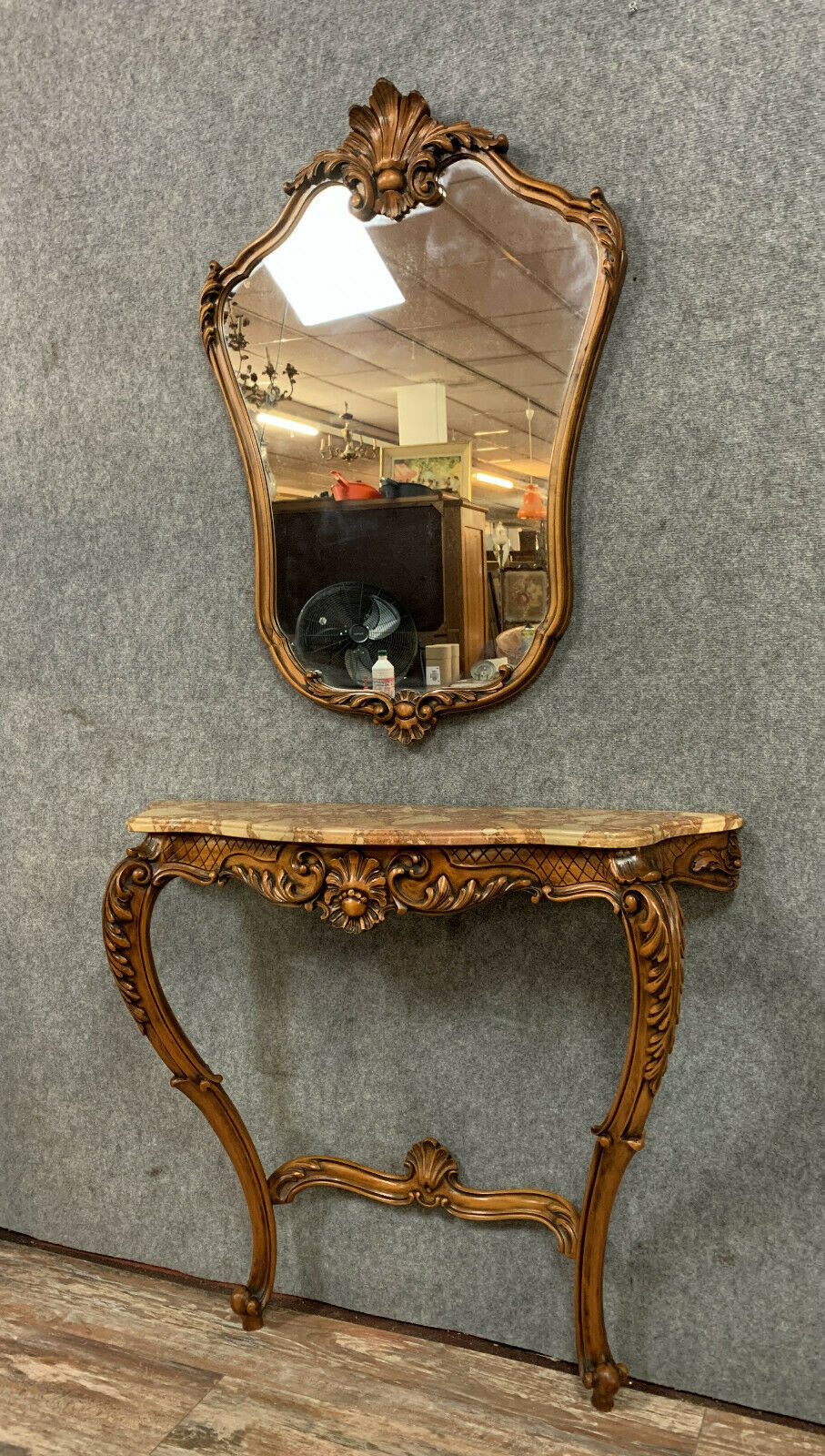 Louis XV Baroque console in natural wood with its mirror