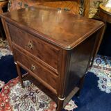 Petite commode XIXe 2 tiroirs et tablette d'entrejambes acajou massif Louis