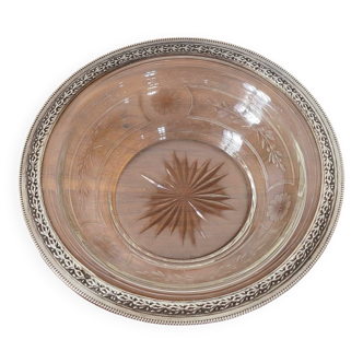 Engraved glass bowl and silver frame with minerva hallmark