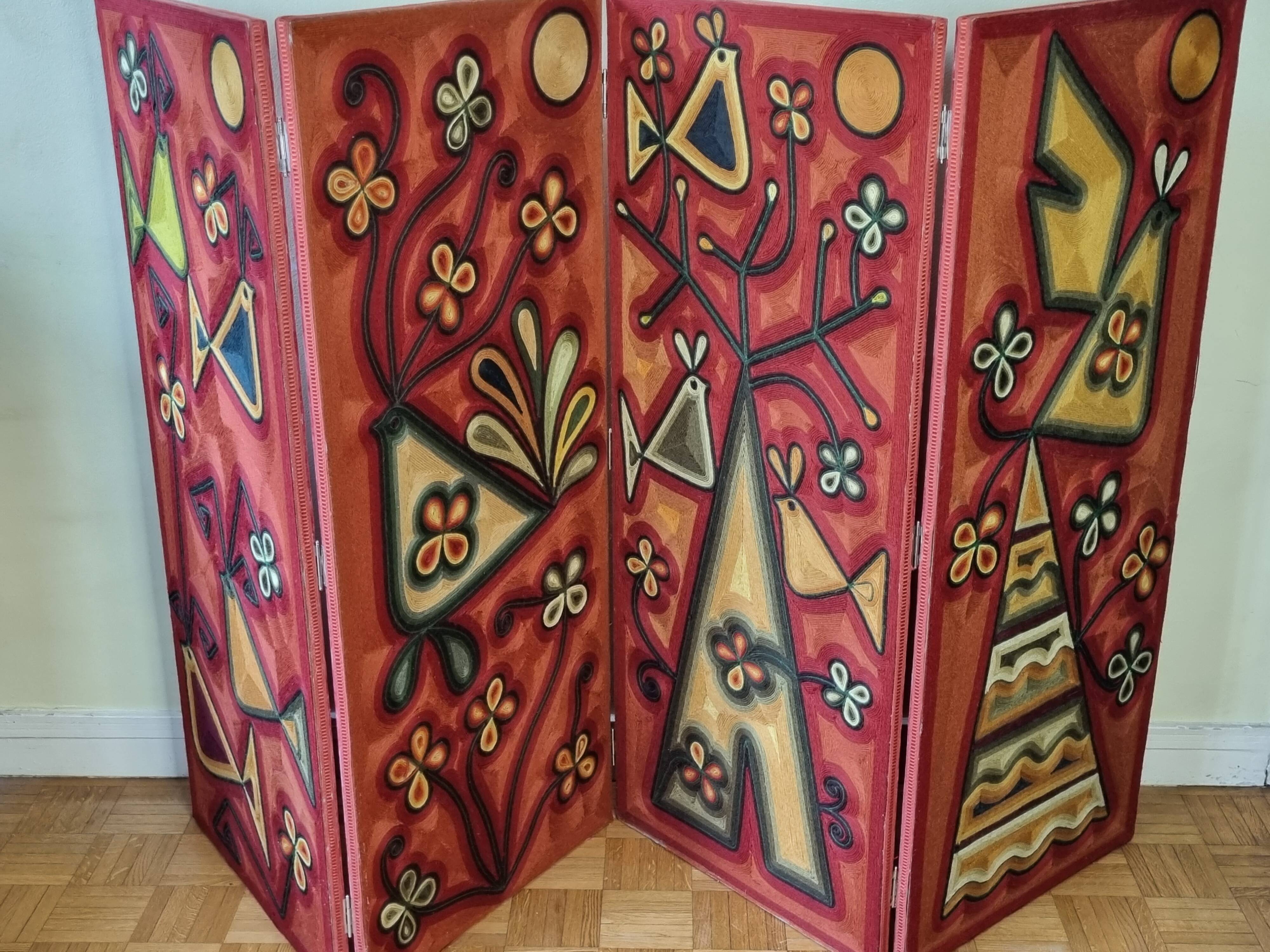 Screen decorated with wool threads, "Huichol" art, Sofia Ribeira, 120 cm