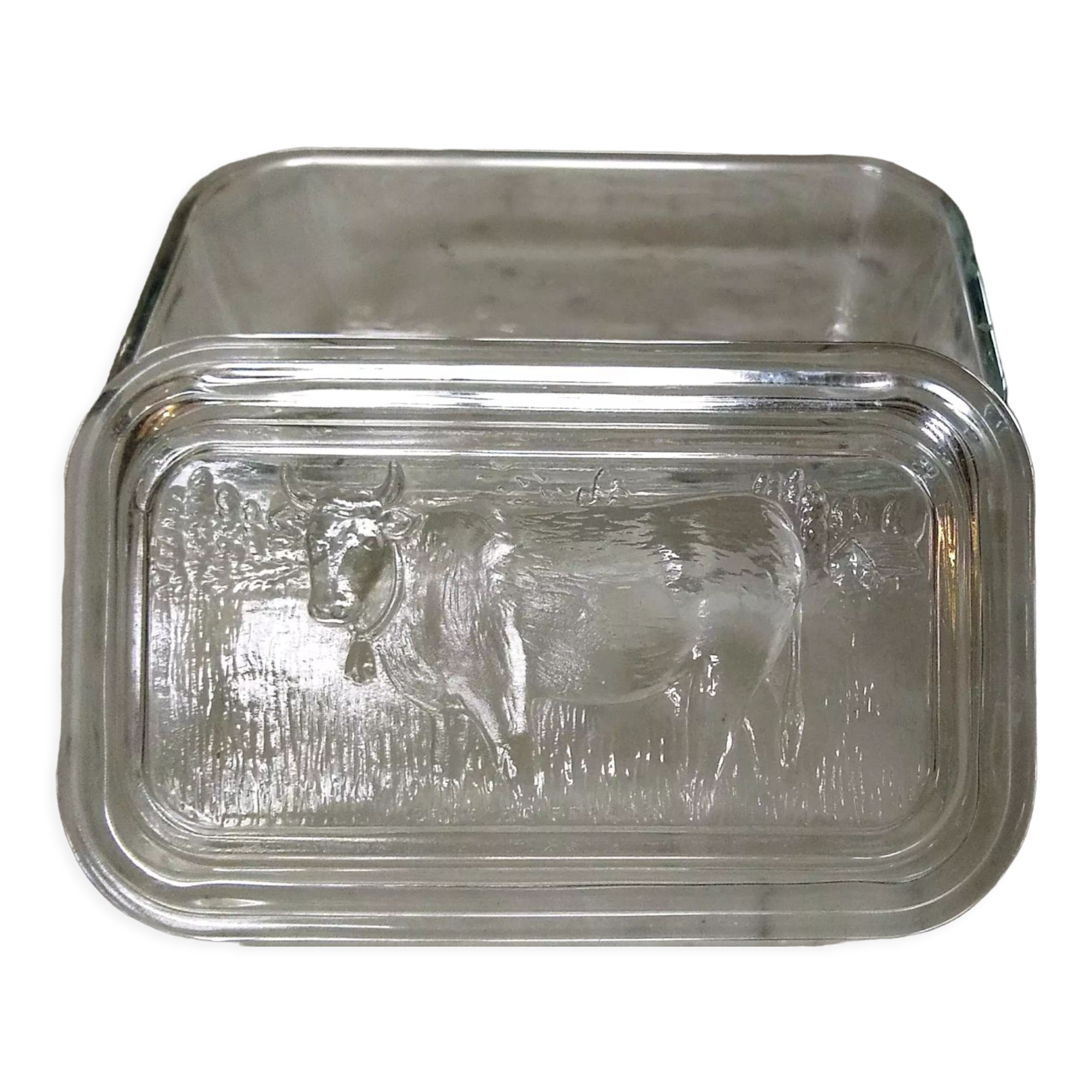 Glass butter dish with cow for decoration