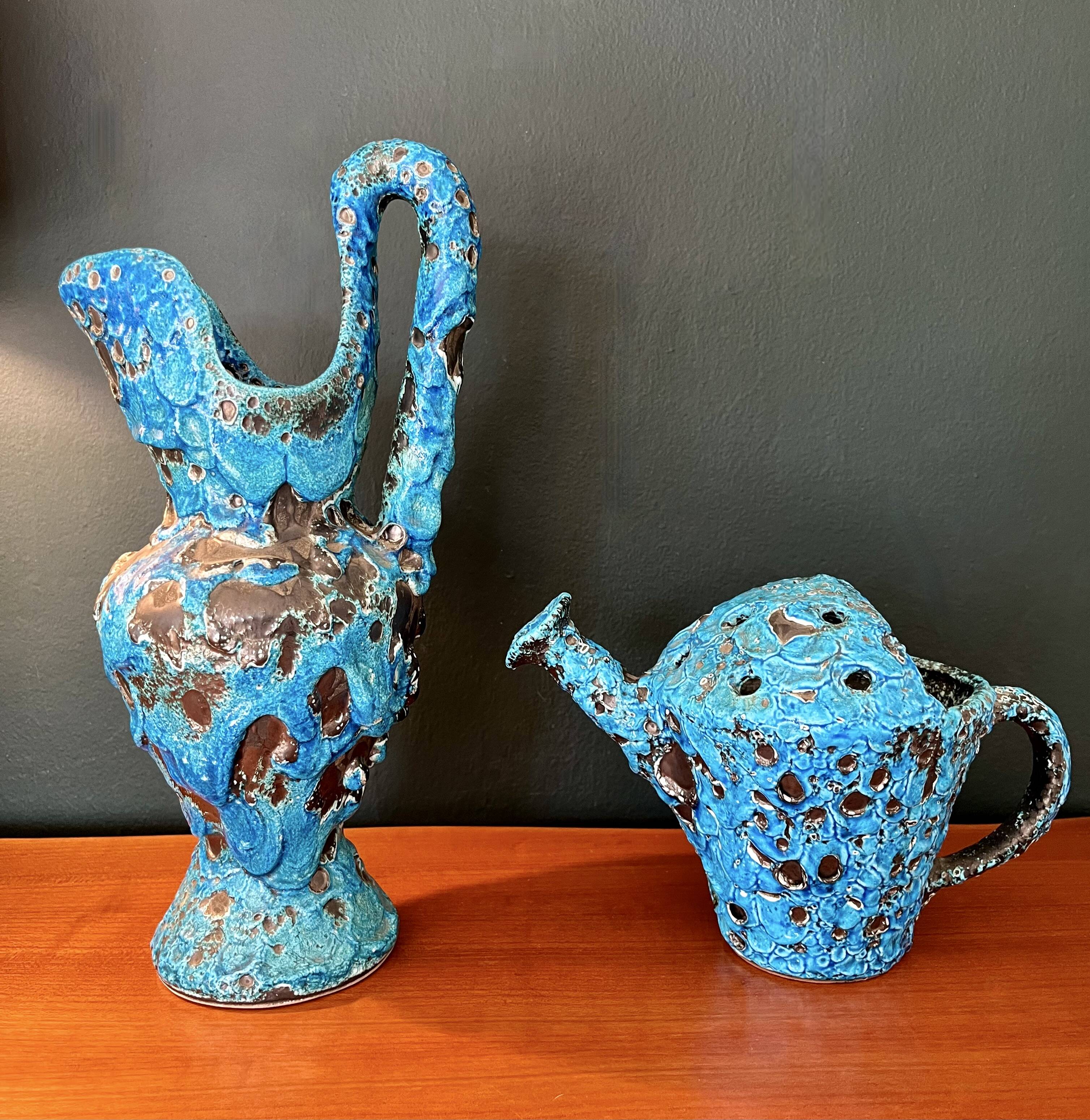 2 vases by charles cart in turquoise blue fat lava cyclops, 1960s, glacier enamels cyclops