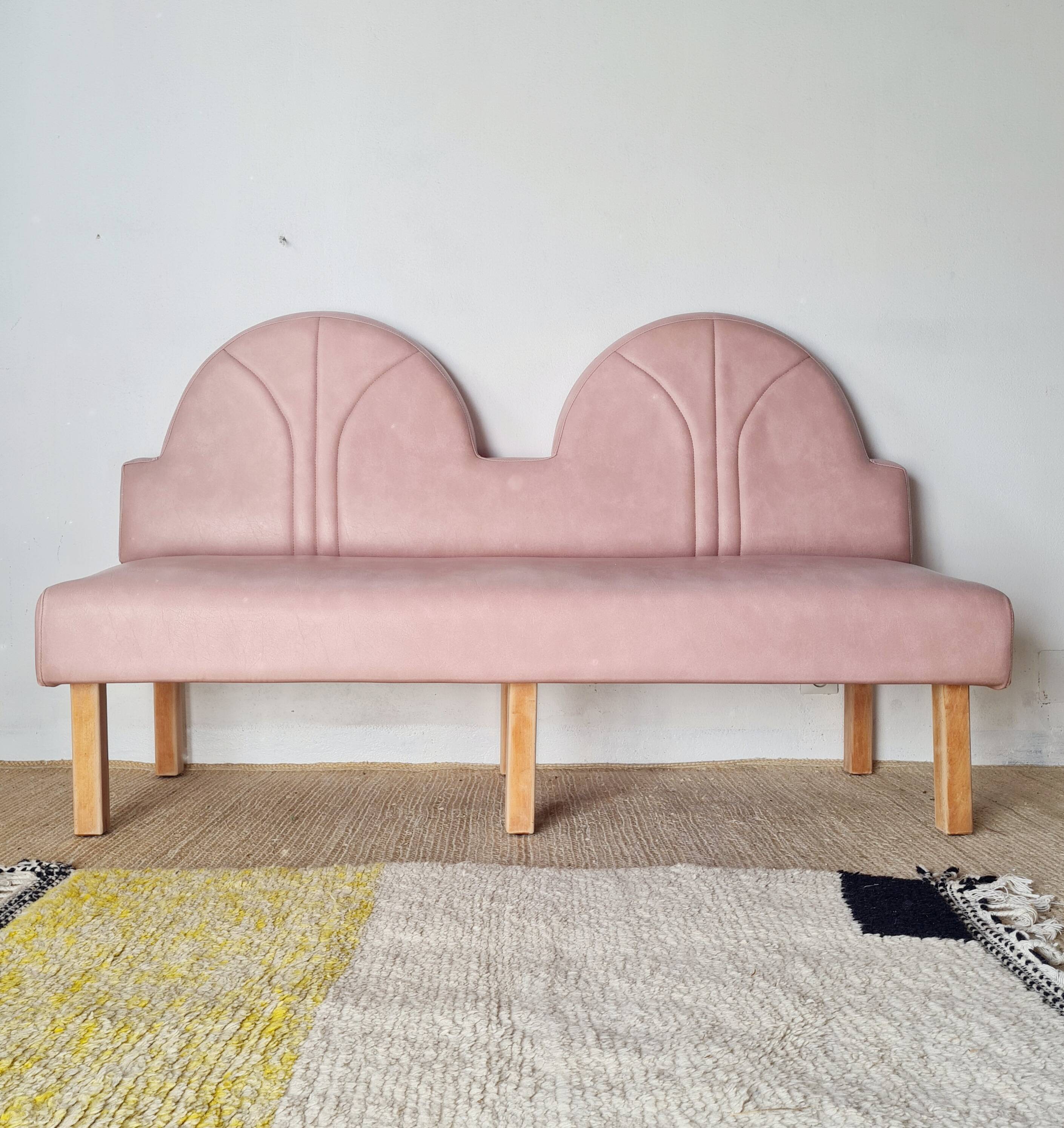 Pink faux leather bistro bench for 3 people