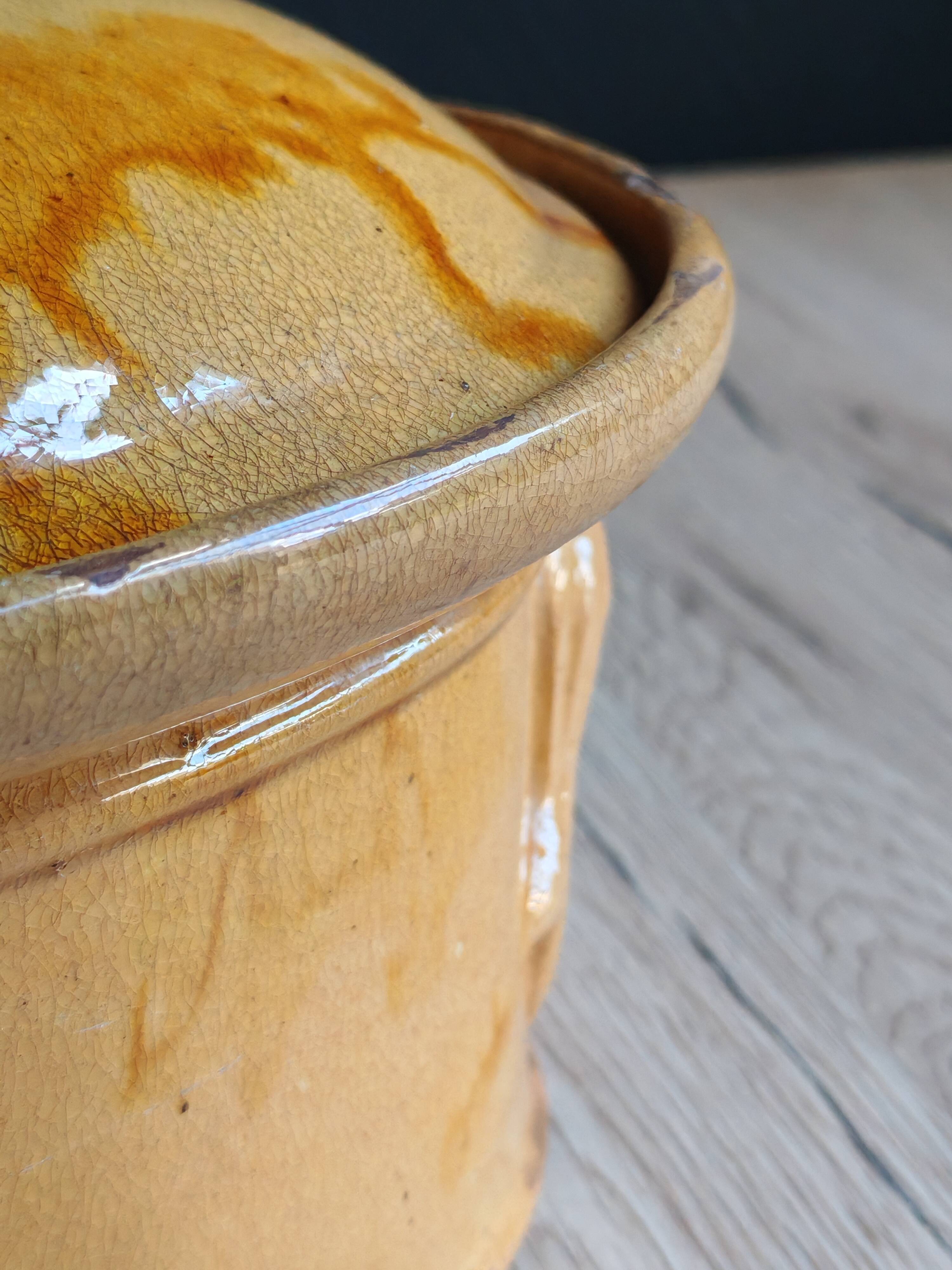 Old yellow ochre glazed terracotta terrine | Rustic pottery