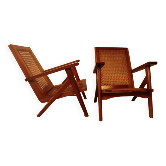 Pair of wood and cane armchairs