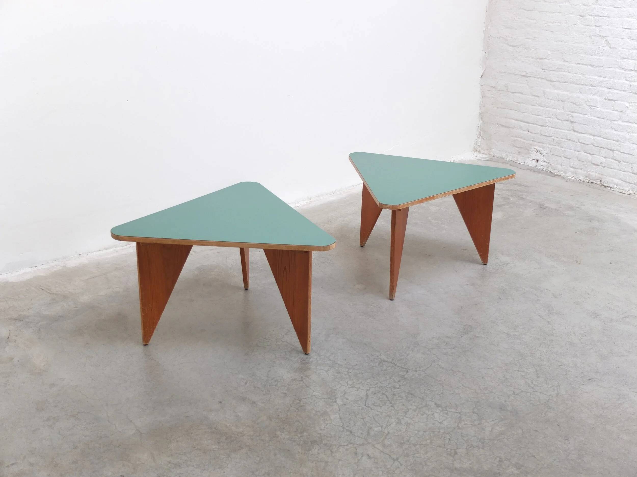 Unique pair of triangular coffee or side tables, 1960s