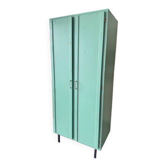 Old wooden boarding school wardrobe, antique locker.