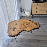 Tripod coffee table in natural solid elm magnifying glass