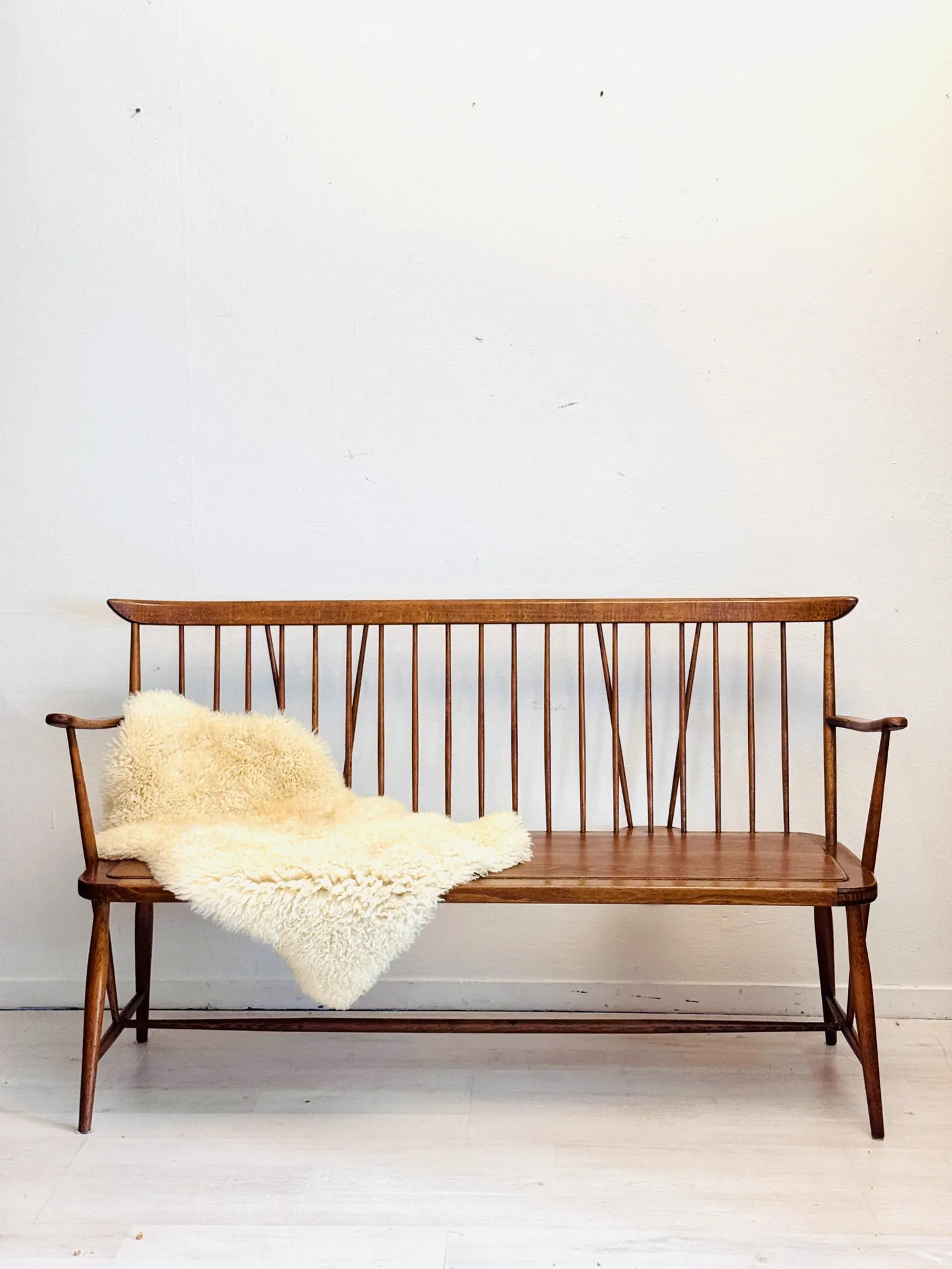 Vintage mid-century slatted bench from the 1960s.