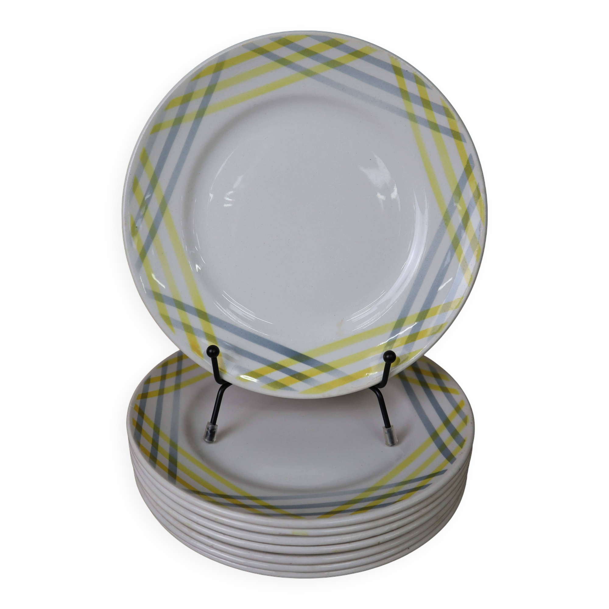 8 dessert plates with yellow and gray geometric decor Moulin des loups
