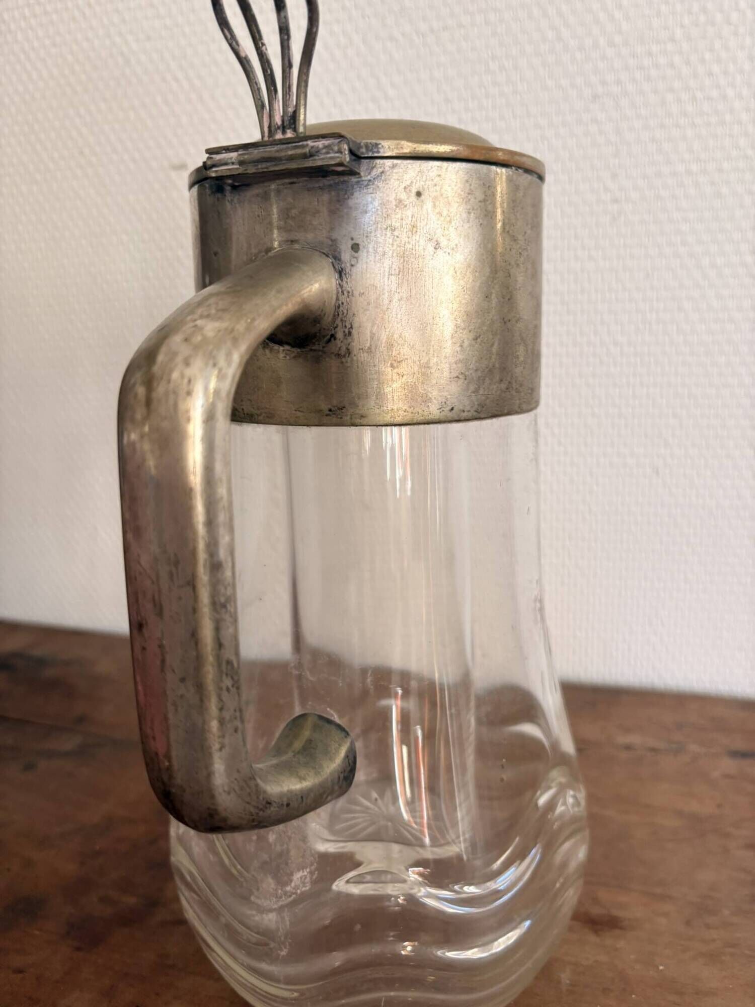 Chiller pitcher, lemonade jug, silver metal glass, Art Nouveau wine carafe.