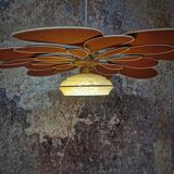 Suspension flower vintage globe and petals in linen and rattan