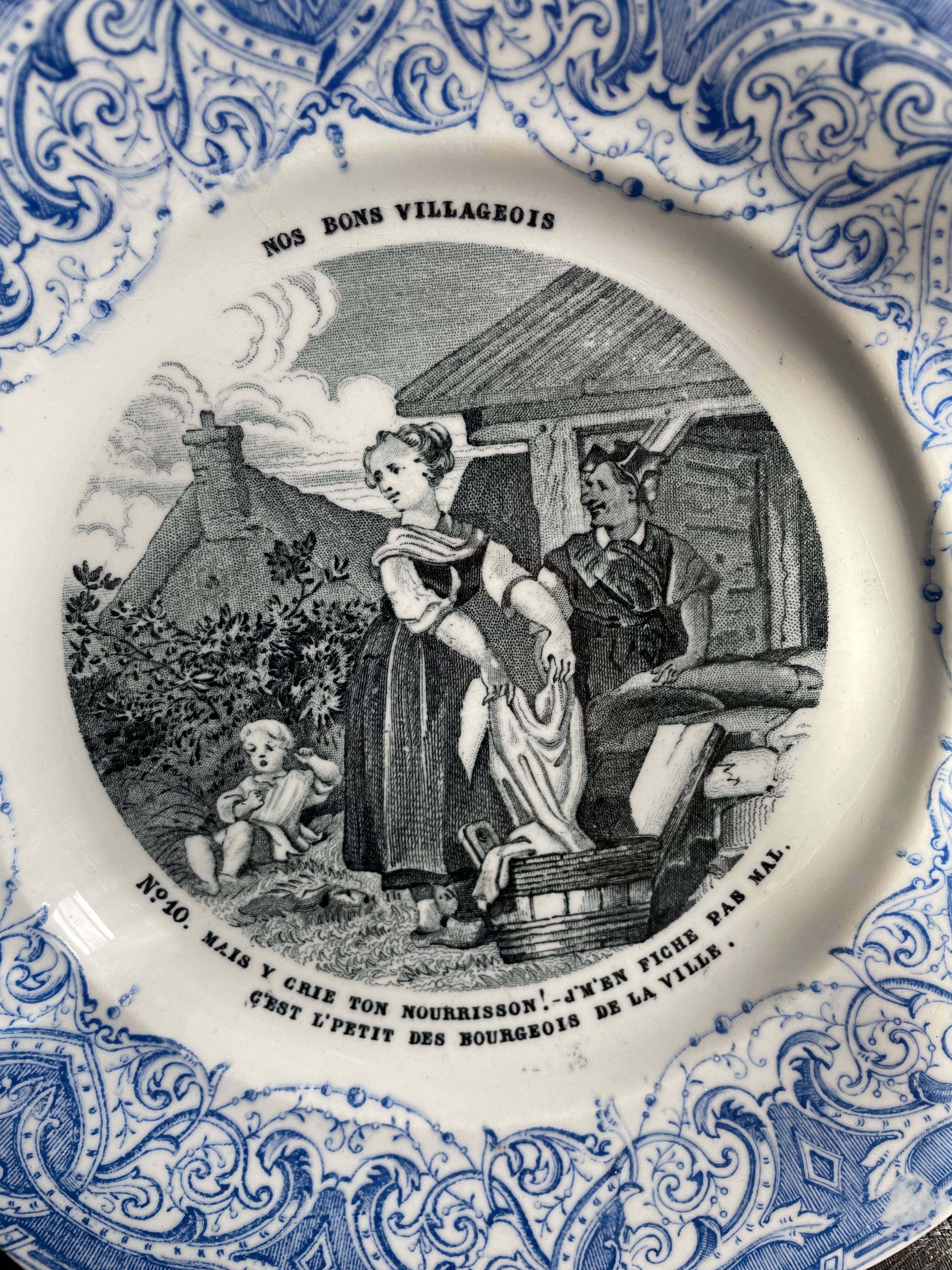 Set of 6 talking plates - creil and montereau France