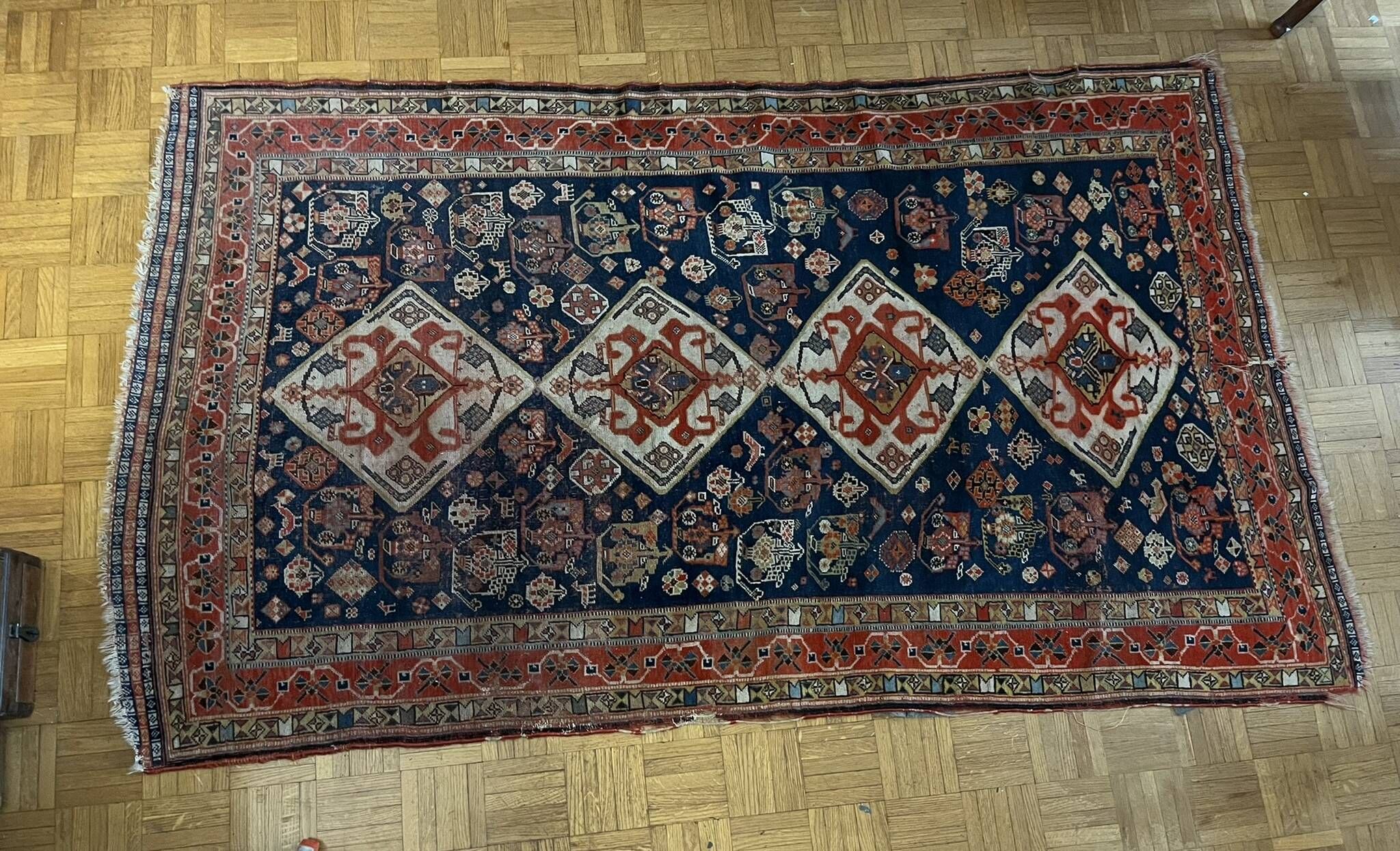 Antique handmade Persian Qashqai nomadic rug – blue background 94x112cm