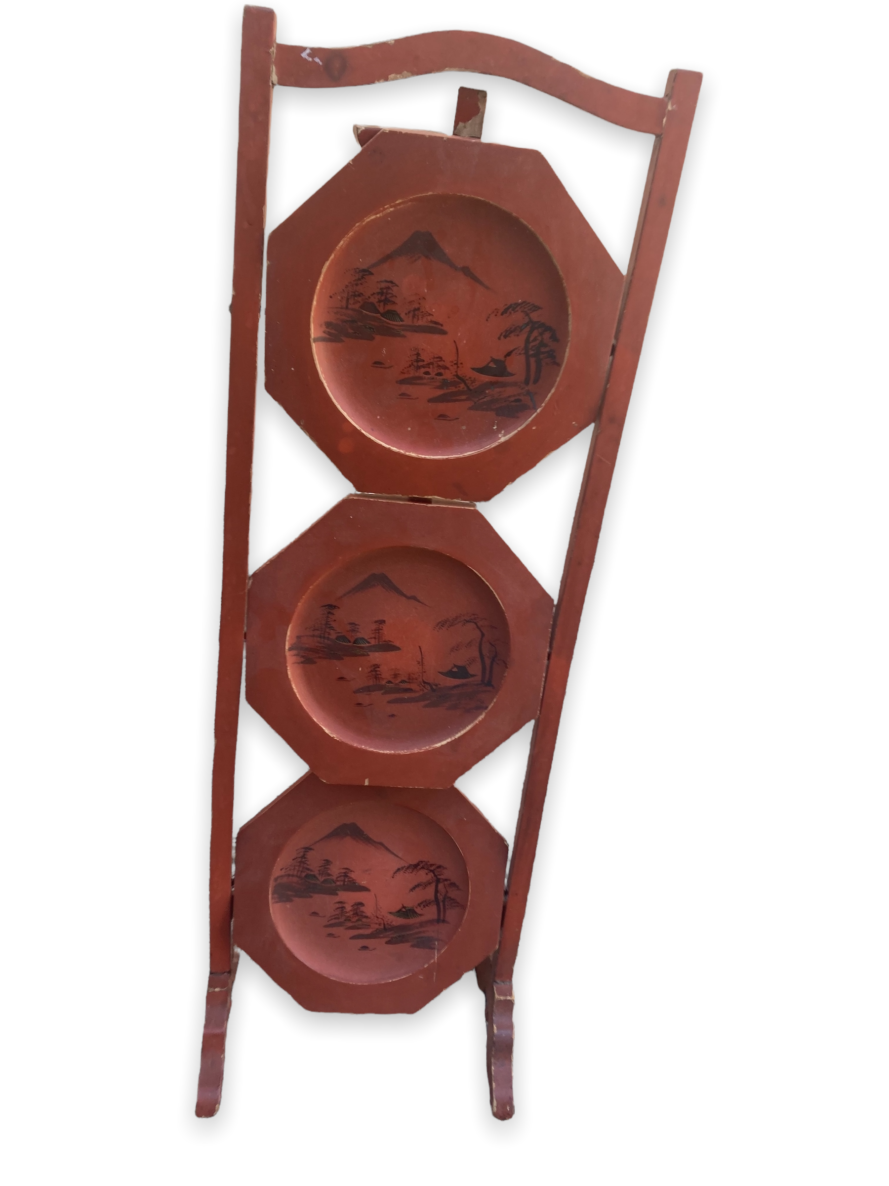 Chinese folding pedestal table in red lacquered wood