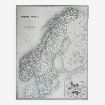 Carte antique de la Suède vers 1869 Keith Johnston Royal Atlas Carte colorée à la main