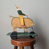 Antique pull toy, metal, hand-painted decoration, clown circus