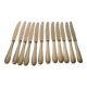 Set of 12 cheese or fruit knives with silver metal handles.
