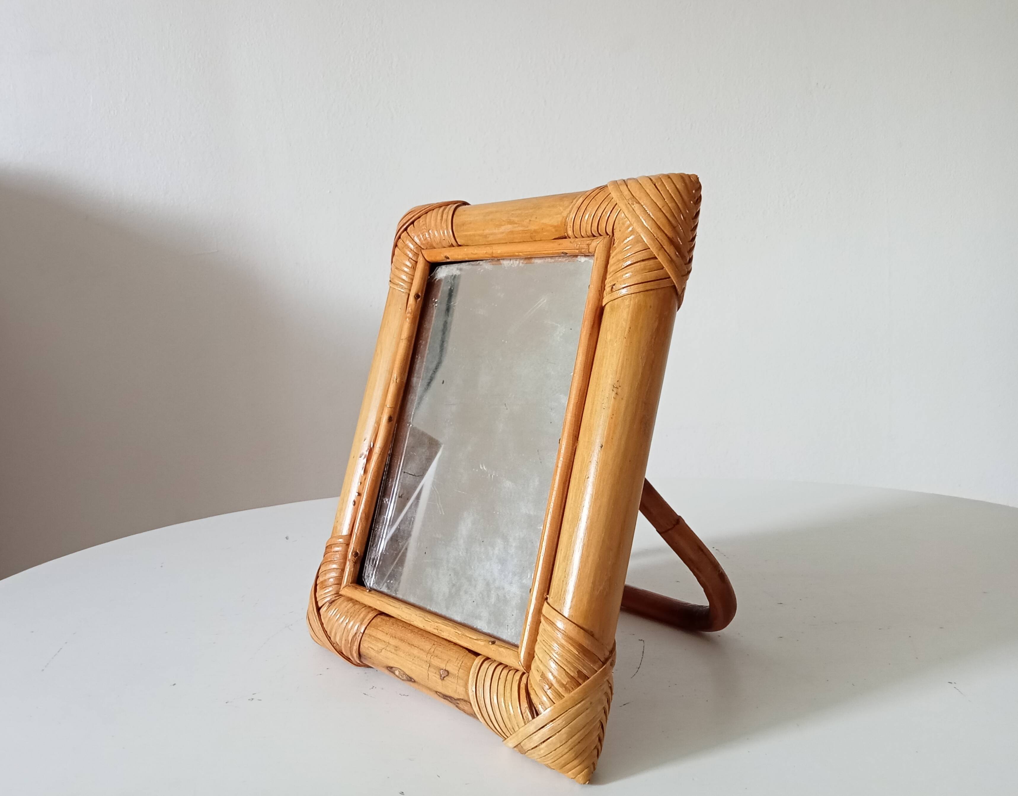 Vintage 1970s rattan tabletop mirror