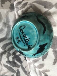 Pretty blue enamel bowl, signed "Courtade 81"