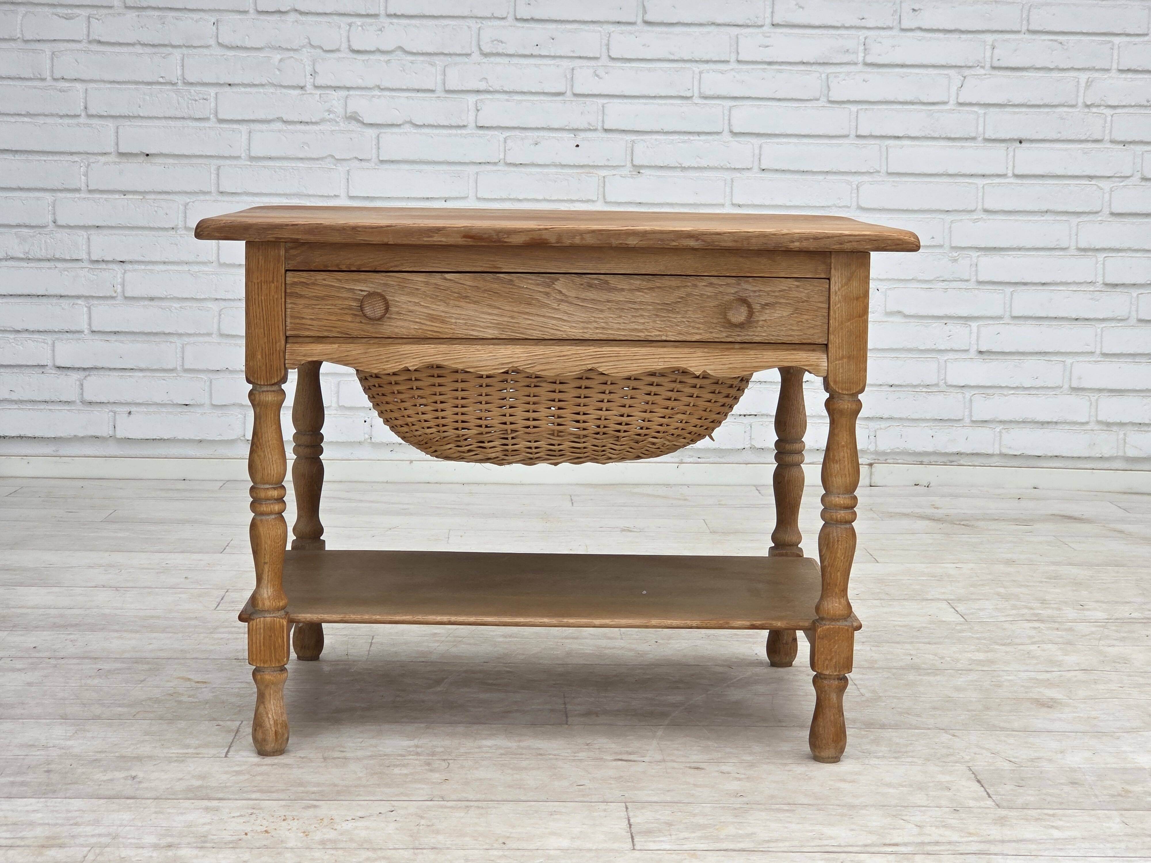 1970s, Scandinavian side table with drawers, solid oak wood, rattan.