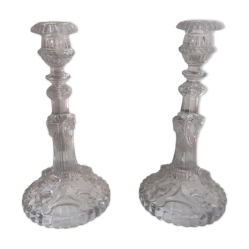 Ancienne paire de bougeoirs en cristal de Portieux, XIXème s.