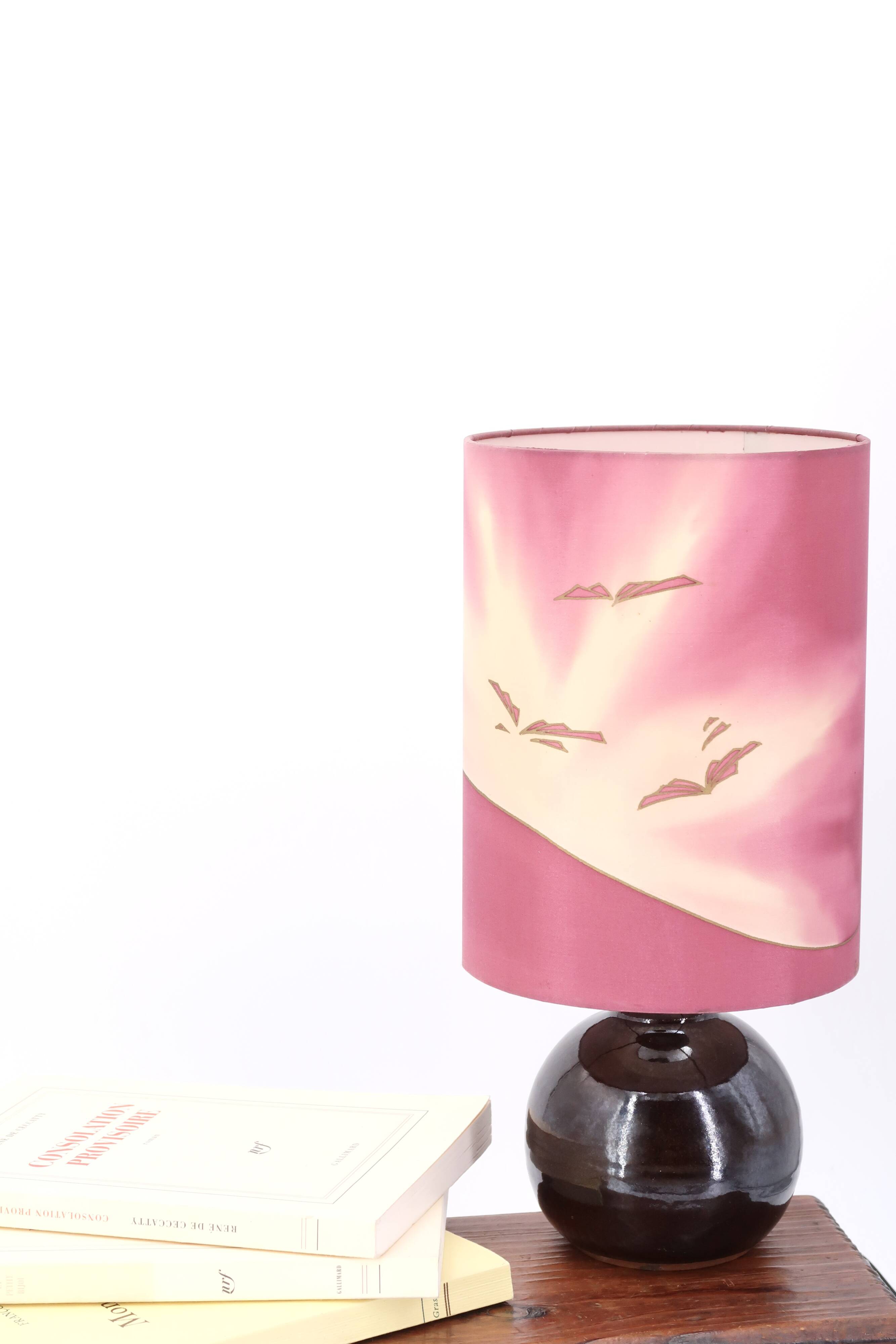 Purple ceramic lamp, painted silk lampshade, 1970s