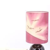 Purple ceramic lamp, painted silk lampshade, 1970s