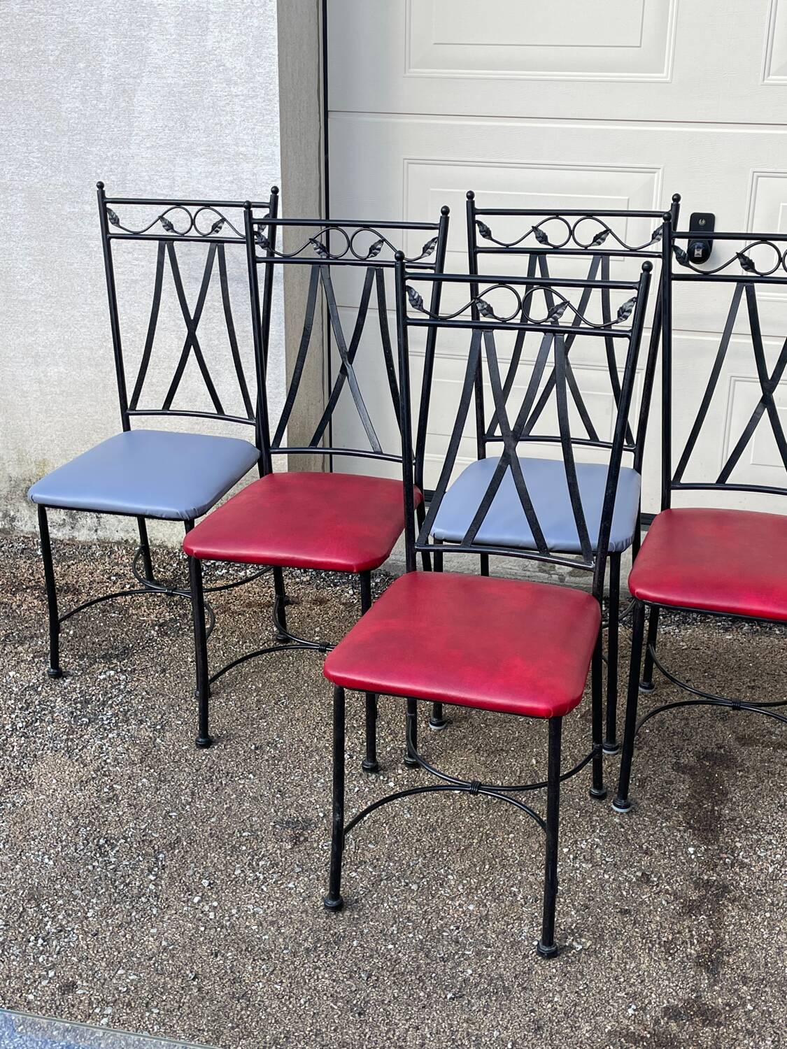 Glass and iron table with two side tables and 8 chairs