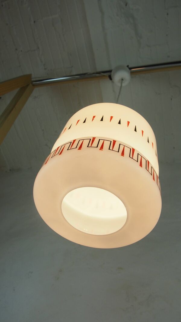 Suspension vintage opaline Verre blanc dessin geométrique 1960 Style Lunel