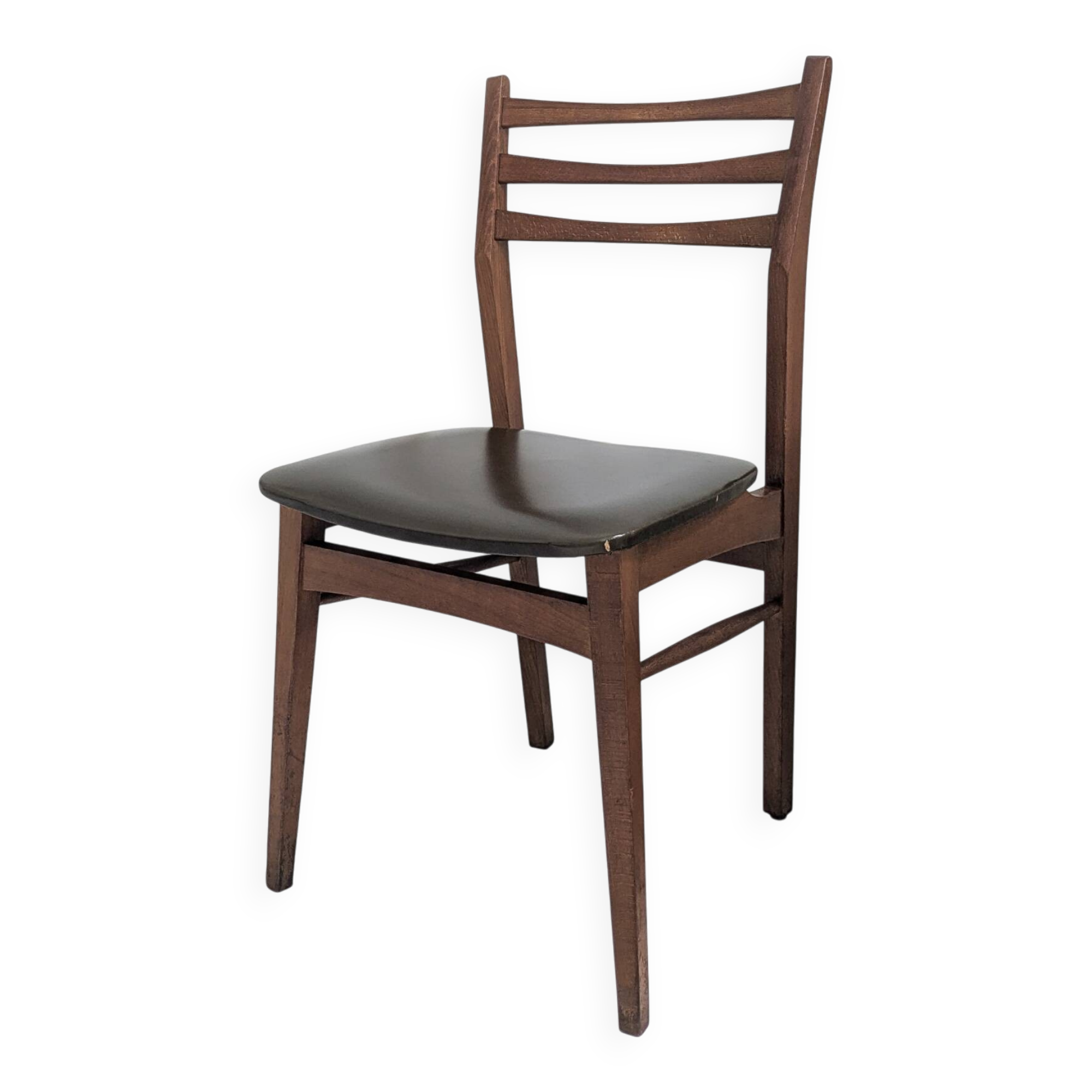 Chaise vintage design danois en bois avec assise en simili cuir olive brun