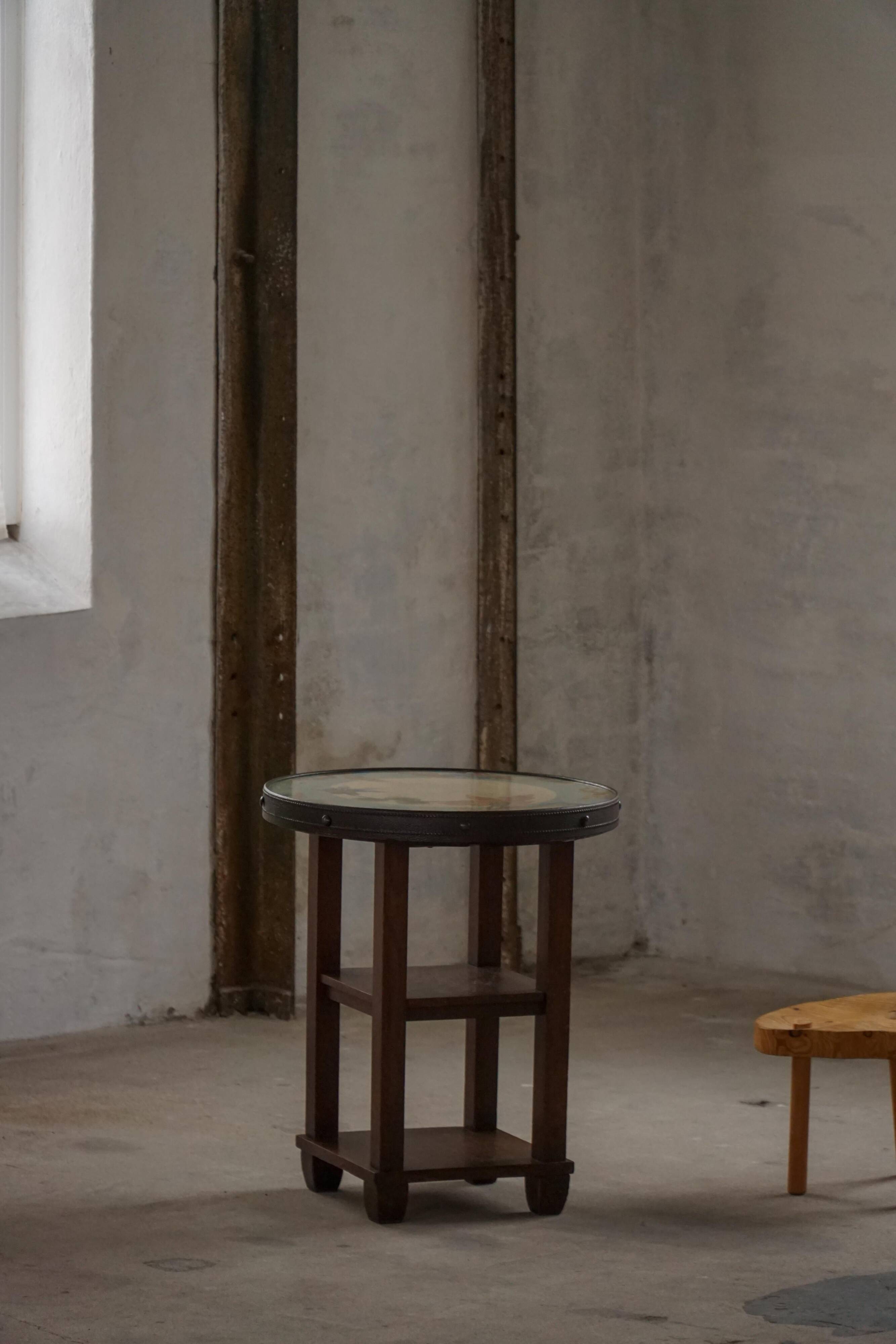 Art Nouveau, round side table with floral glass top, Danish cabinetmaker, 1920s
