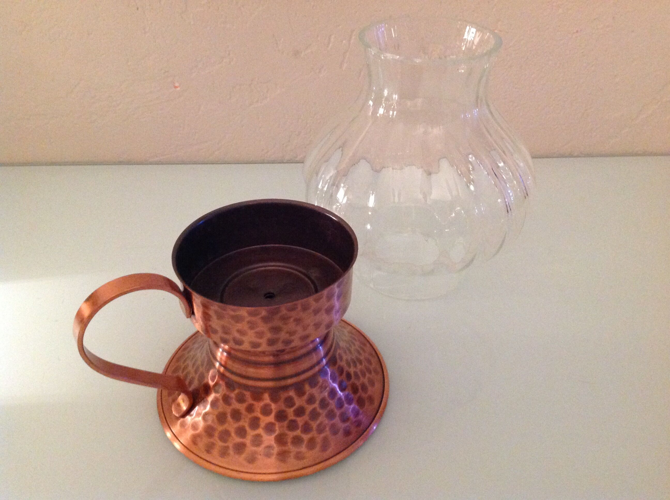 Hammered red copper candle holder and glass/vintage 60s/70s