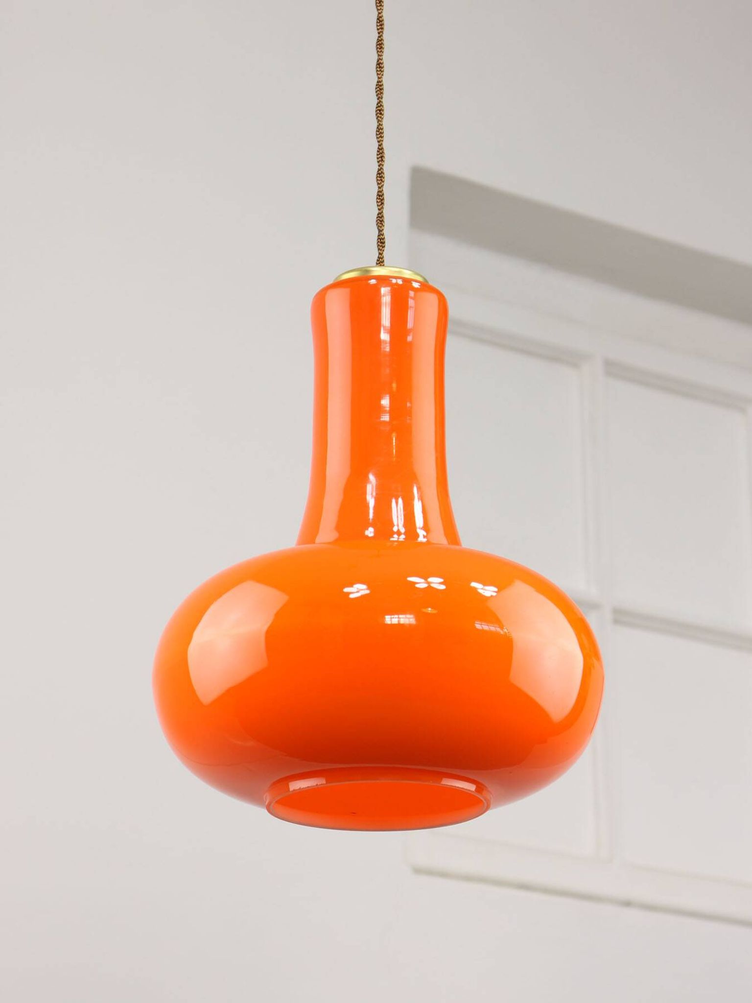 Mid-Century Italian Orange Glass and Brass Pendant Lamp