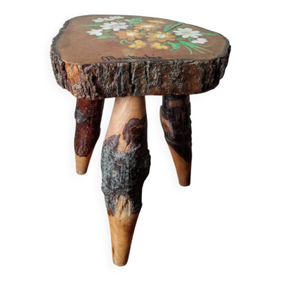 Tabouret tripode porte plante décor floral peint à la main