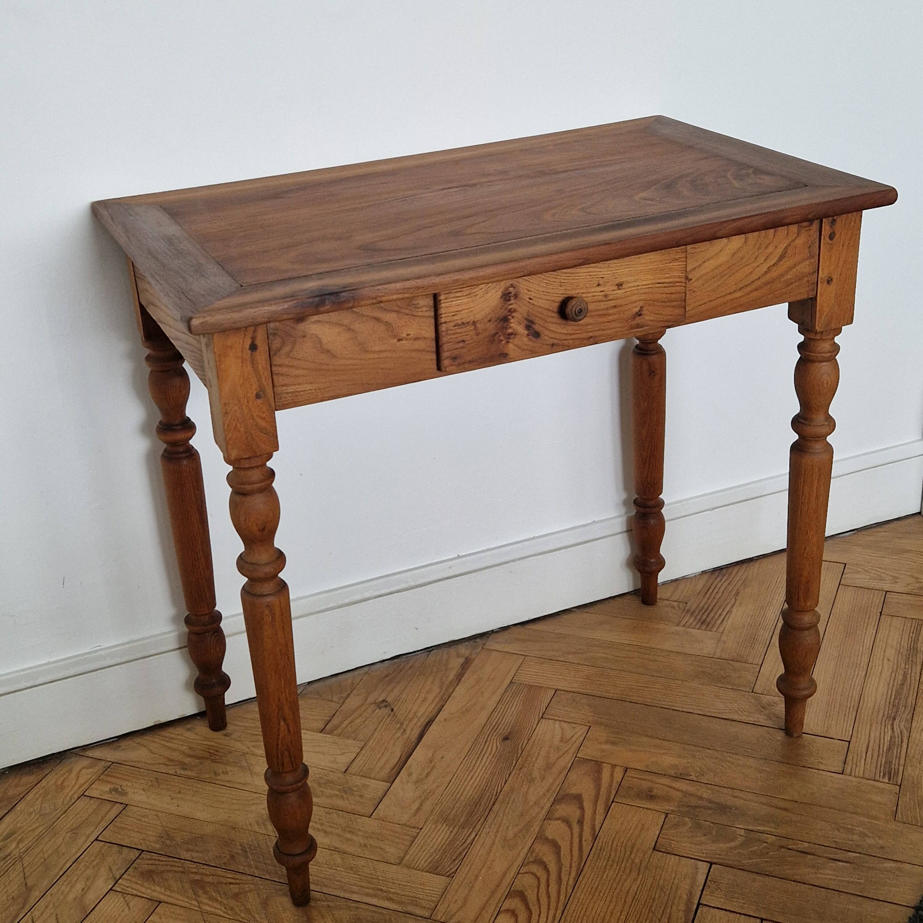 Antique writing table, solid wood desk with turned legs