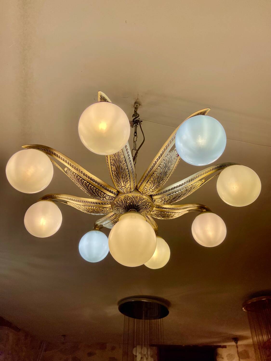 Art Deco ceiling light in bronze with 9 glass globes, France 1935