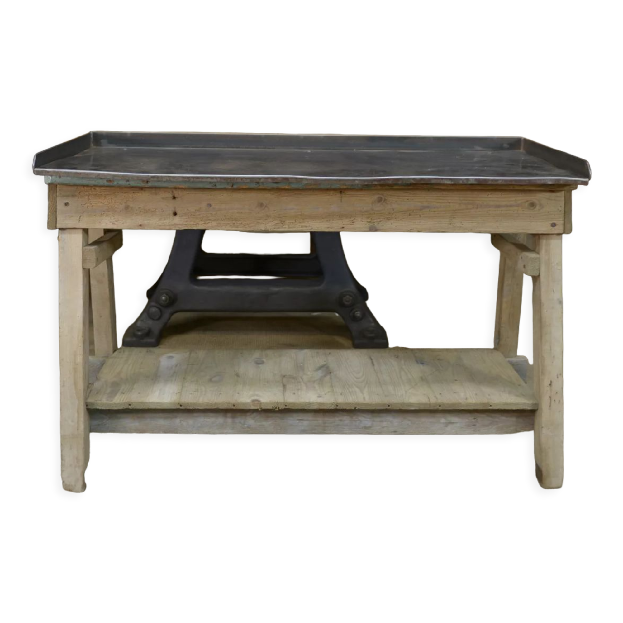 Industrial console table in fir and metal 1930