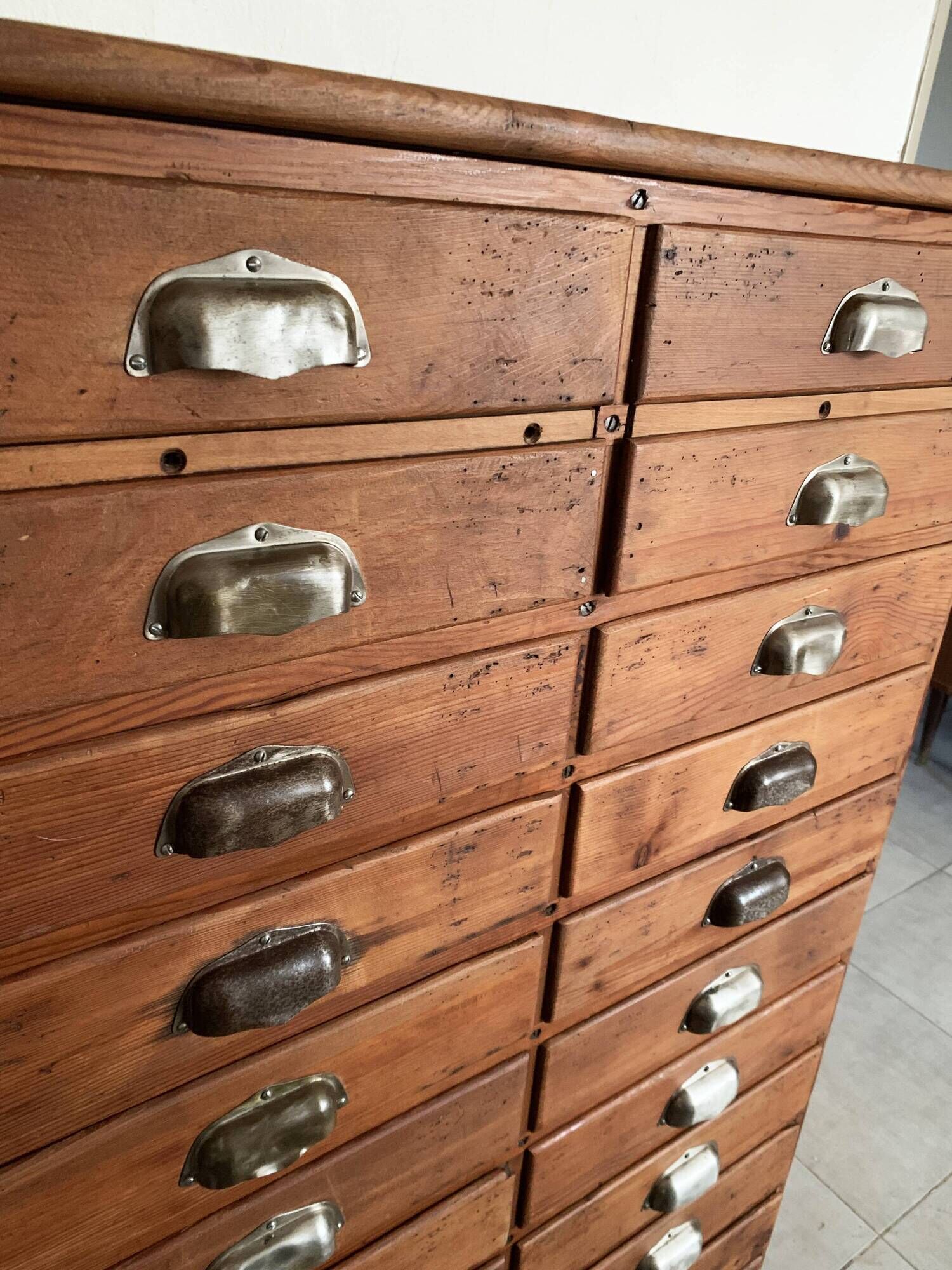 Old apothecary trade furniture in vintage wood 24 drawers.