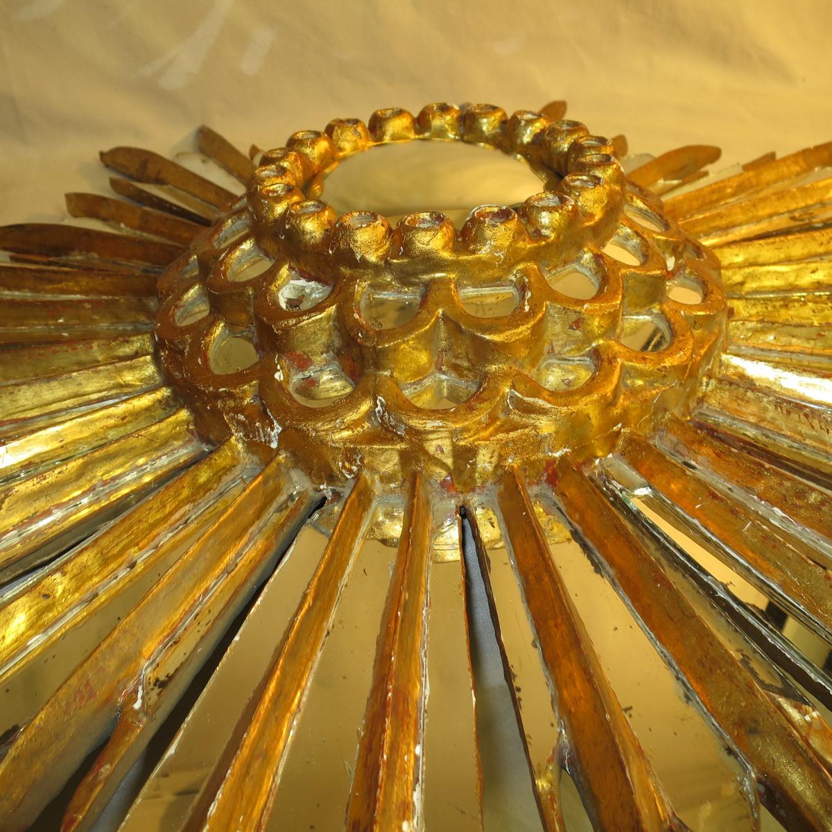 Mirror Sun bomb said "witch" 78 cm wood Golden early 20th