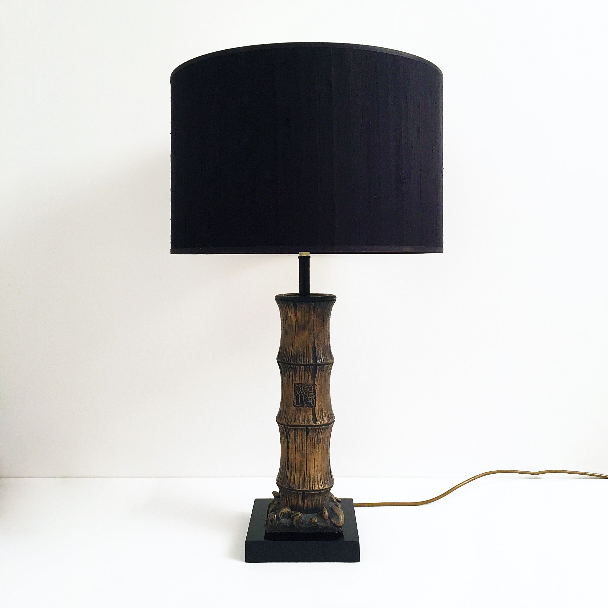 Vintage wood carved faux bamboo table lamp