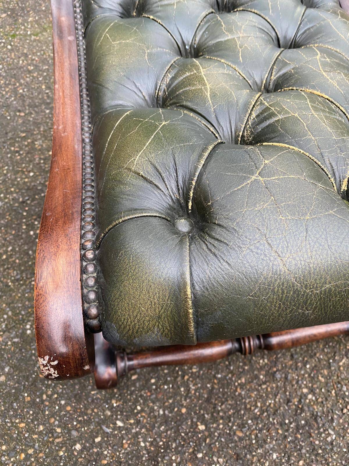 Chesterfield pouf in olive green leather, footstool