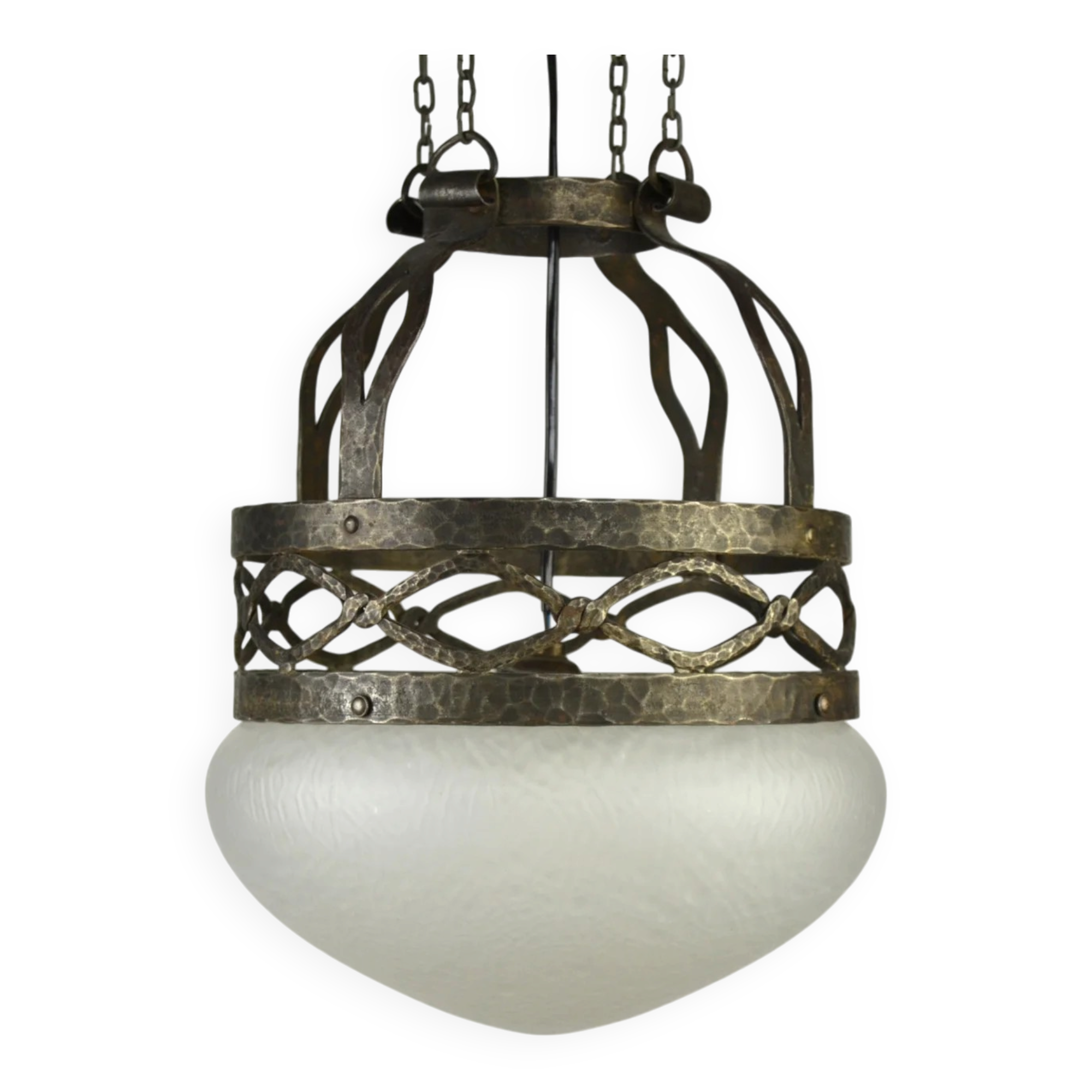 Ceiling lamp, hand-forged hammered iron with glass shade, early 20th century, Sweden